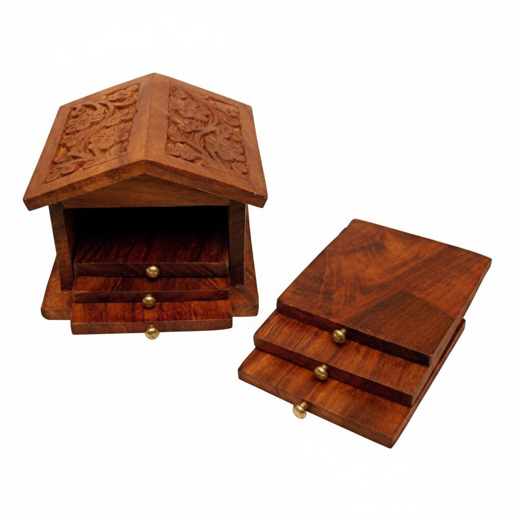 Wooden Hut Shaped Coaster Set with Engraved Flowers for Tea, Coffee, and Drink with Holder/Stand - Handmade Cup Coasters -Set of 2