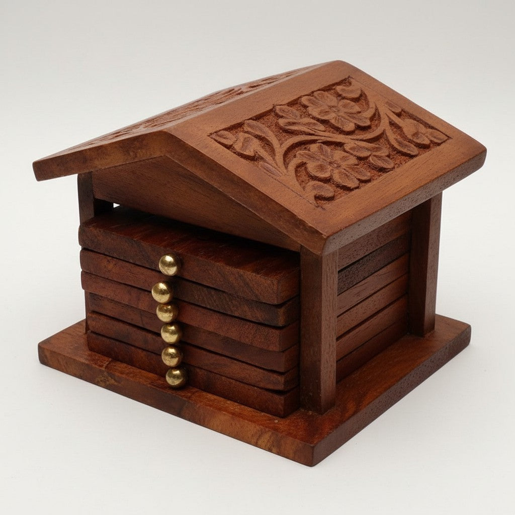Wooden Hut Shaped Coaster Set with Engraved Flowers for Tea, Coffee, and Drink with Holder/Stand - Handmade Cup Coasters -Set of 2