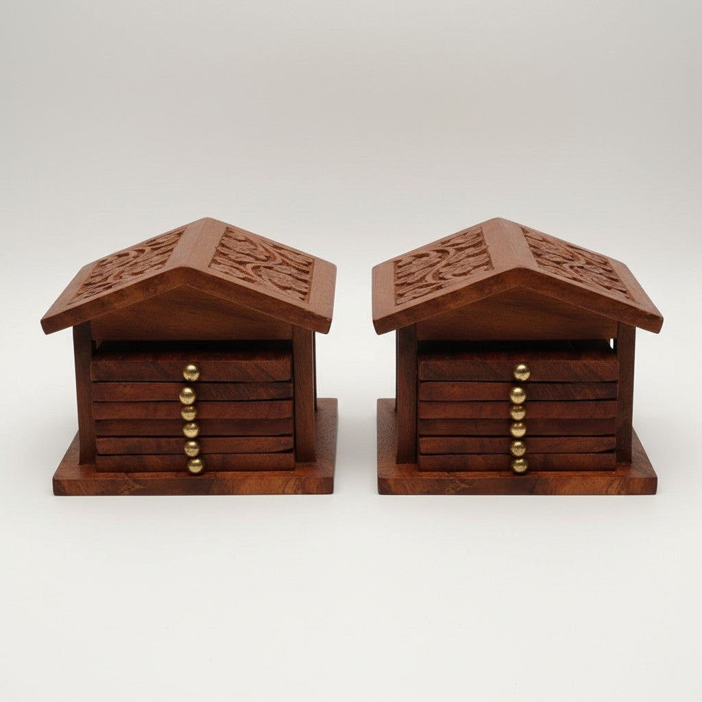 Wooden Hut Shaped Coaster Set with Engraved Flowers for Tea, Coffee, and Drink with Holder/Stand - Handmade Cup Coasters -Set of 2