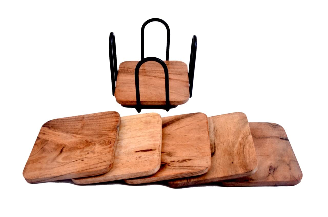Acacia Wood and Weight Iron Coaster Set - 6 Coasters, set of 2