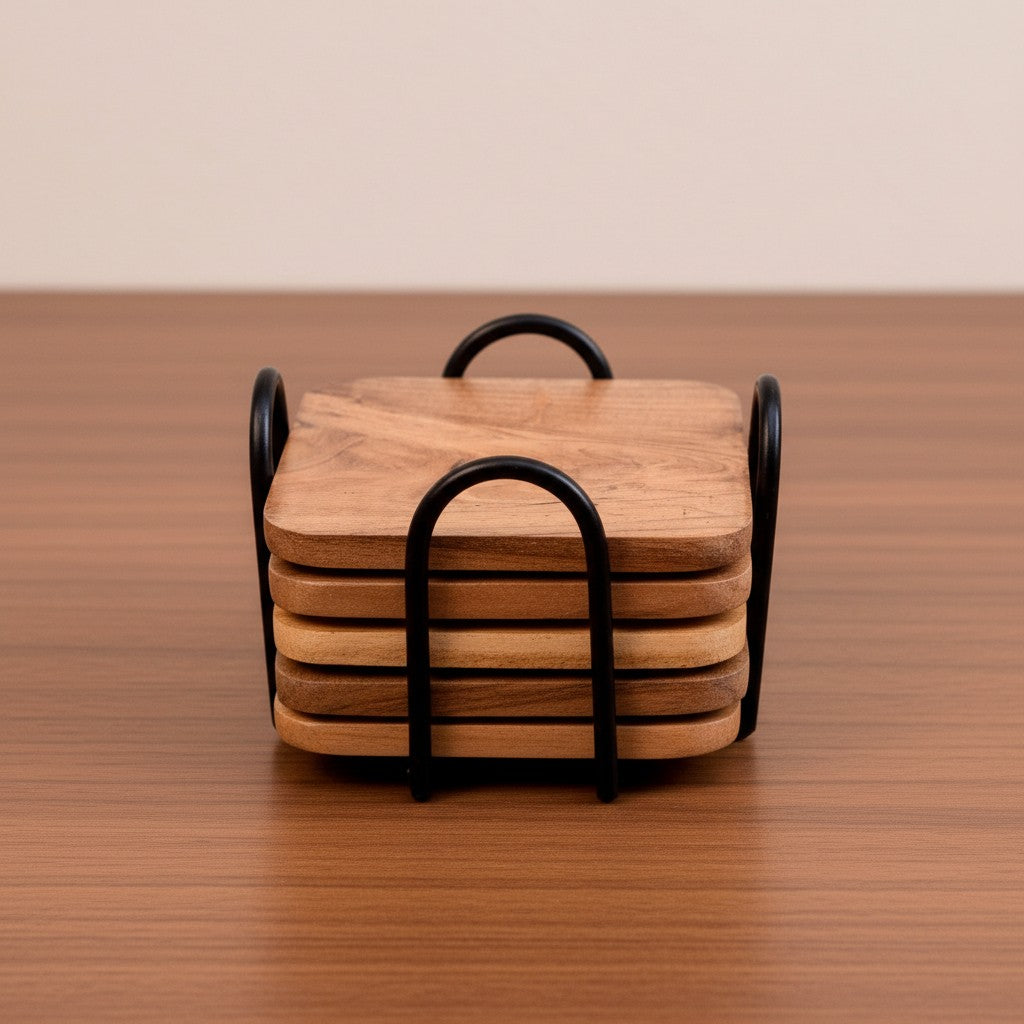 Acacia Wood and Weight Iron Coaster Set - 6 Coasters