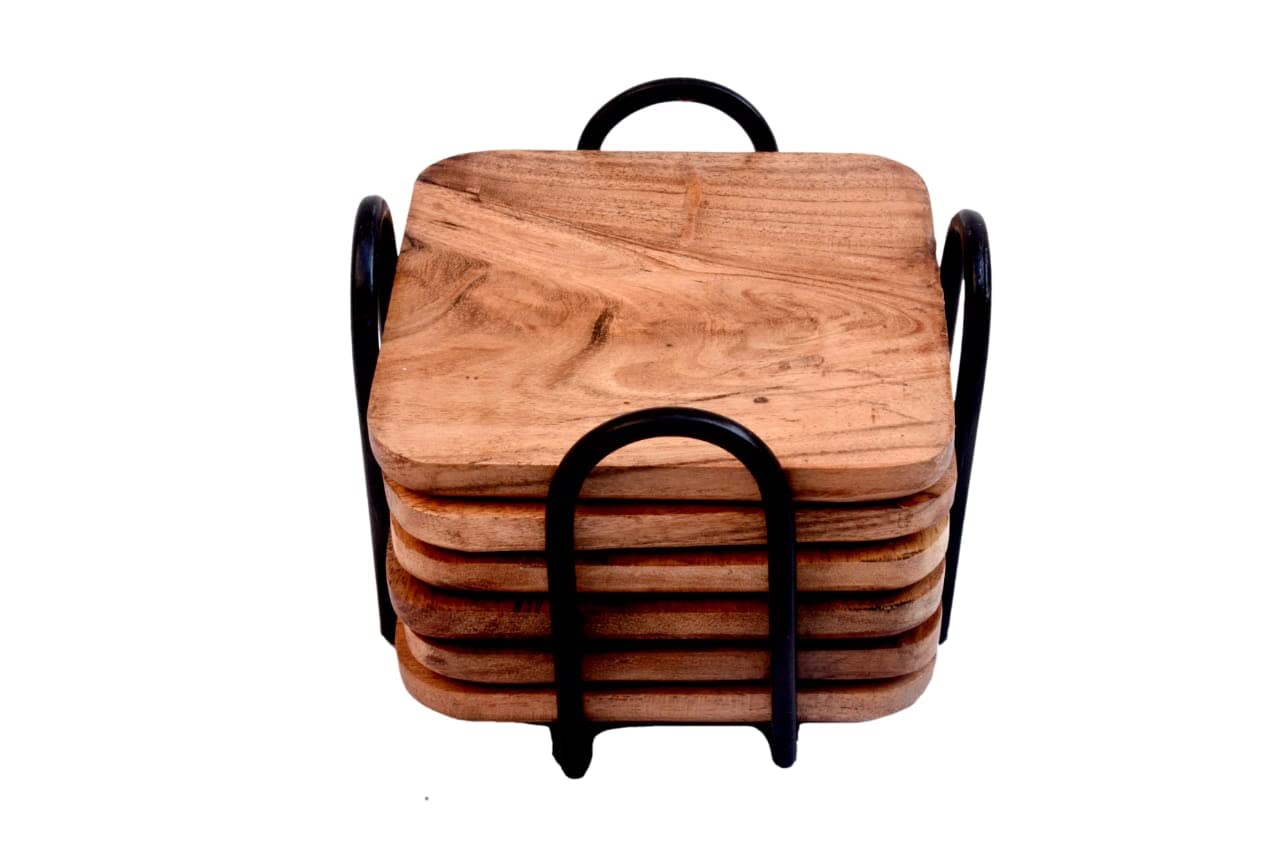 Acacia Wood and Weight Iron Coaster Set - 6 Coasters