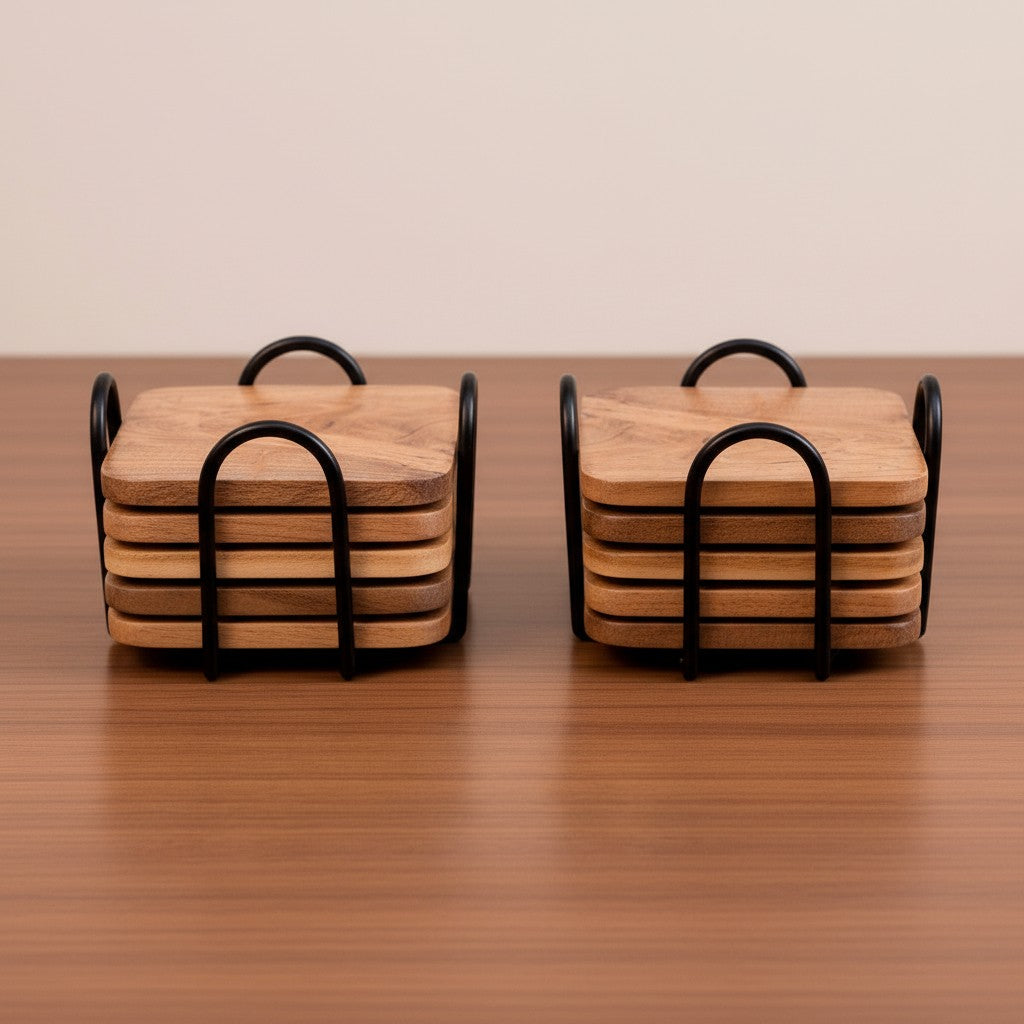 Acacia Wood and Weight Iron Coaster Set - 6 Coasters, set of 2