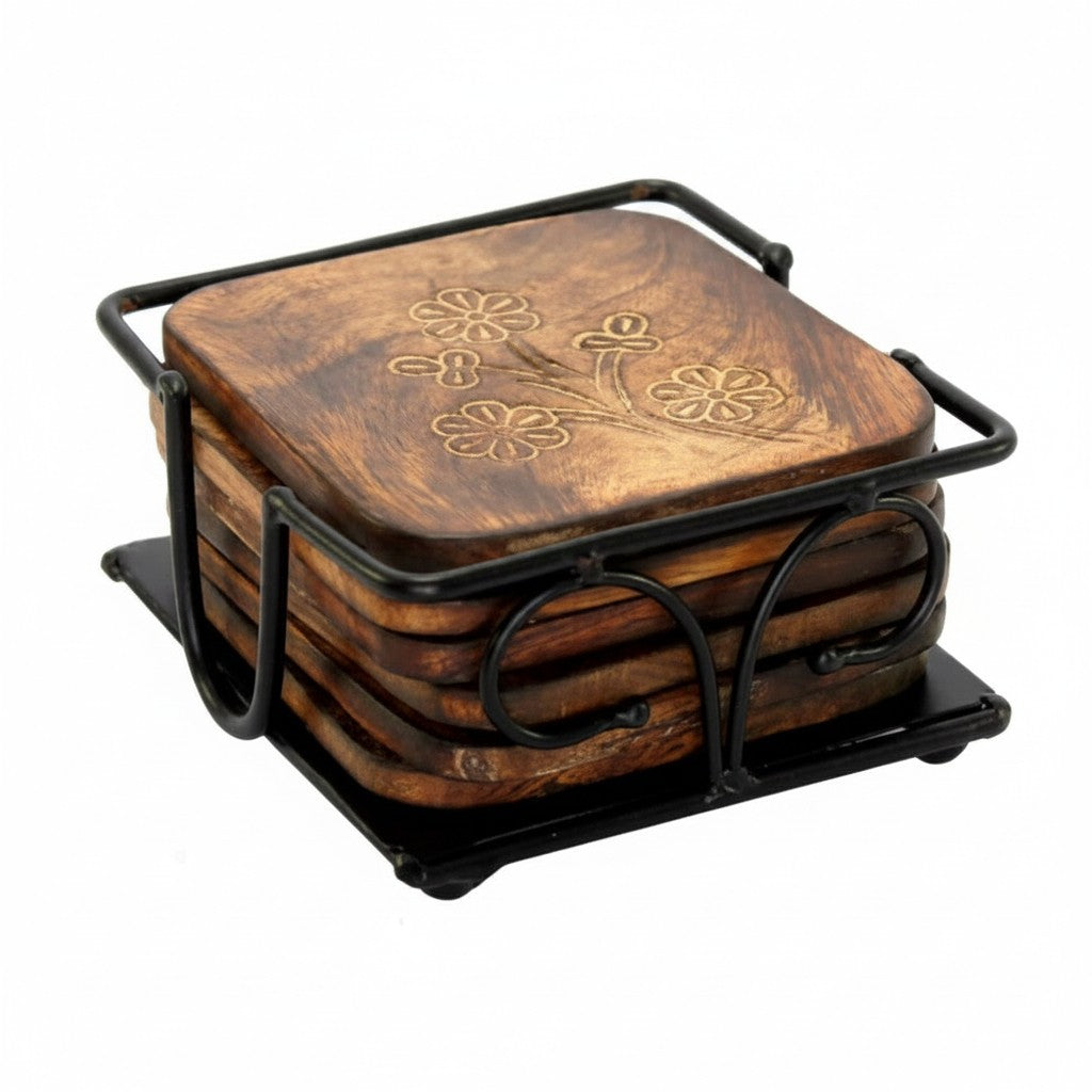 Square Shape Iron Coaster with Wooden Plates for Home Table Decoration Wooden Tea Coaster for Office Table Wooden Tea Coasters Set of 6 for Dinning Table Coaster Set