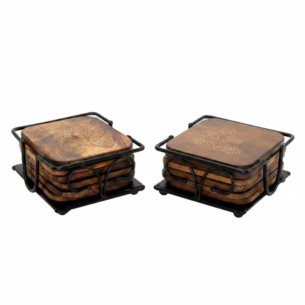 Square Shape Iron Coaster with Wooden Plates for Home Table Decoration Wooden Tea Coaster for Office Table Wooden Tea Coasters Set of 6 for Dinning Table Coaster Set, set of 2