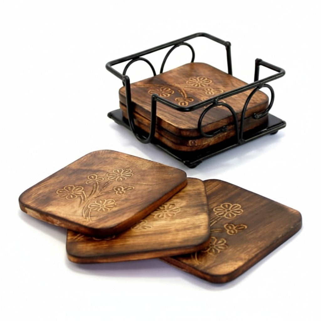 Square Shape Iron Coaster with Wooden Plates for Home Table Decoration Wooden Tea Coaster for Office Table Wooden Tea Coasters Set of 6 for Dinning Table Coaster Set, set of 2