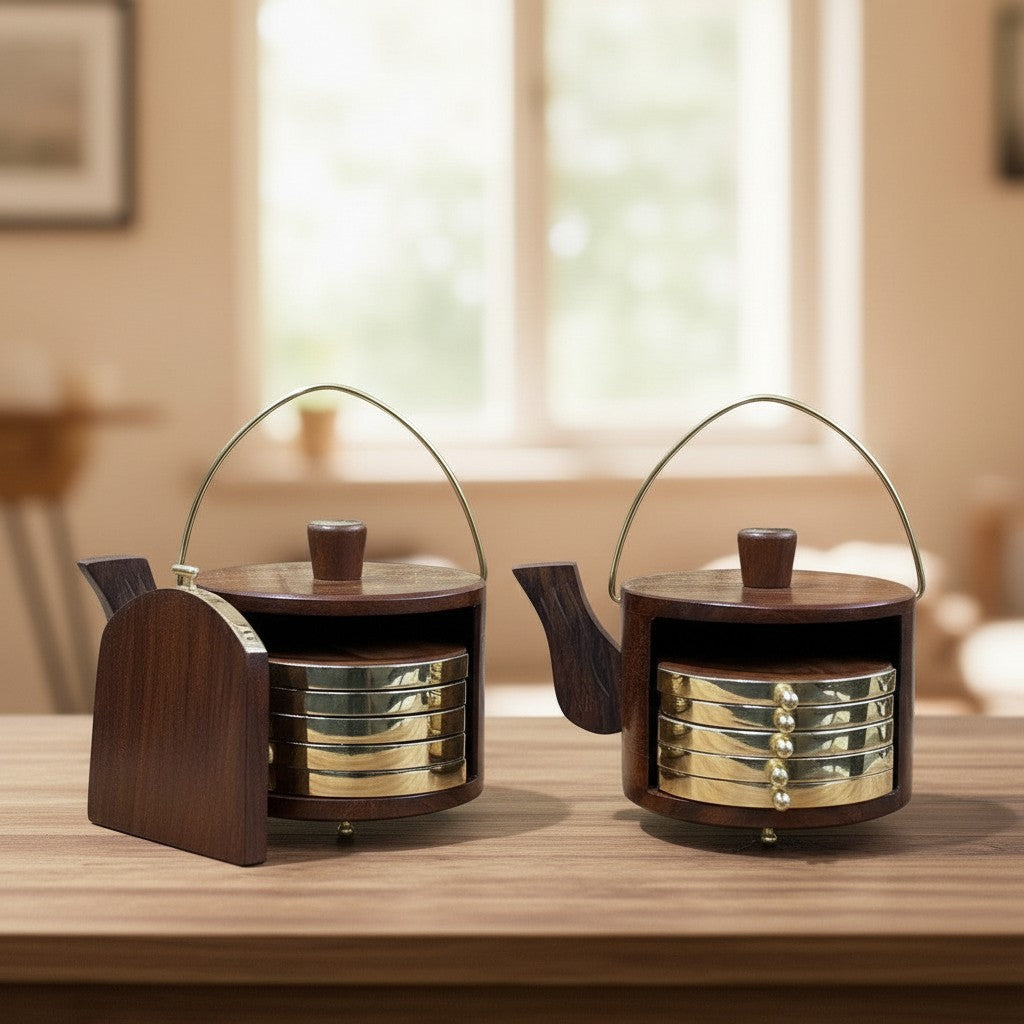 Wooden Drink Coasters , Wood Table Coaster Set of 6  Kettle Shape, set of 2 sets