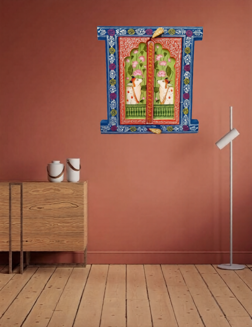Handcrafted Wooden Haveli Window with Indian Miniature Painting | Lotus & Cow Motif Wall Panel | Ethnic Indian Home Décor