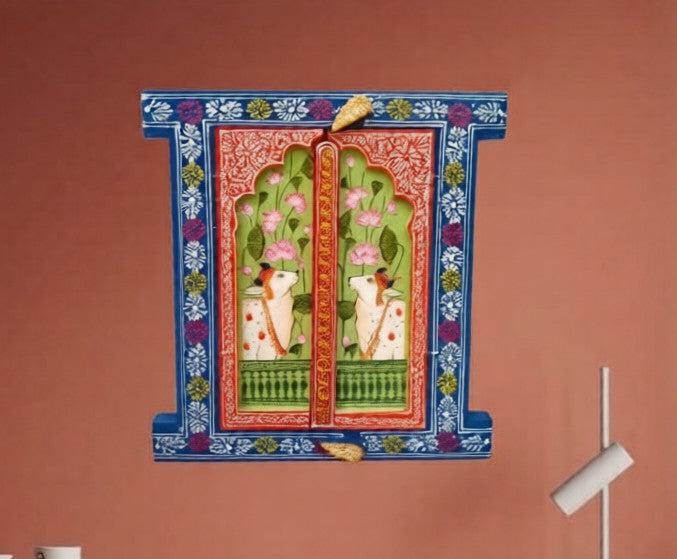Handcrafted Wooden Haveli Window with Indian Miniature Painting | Lotus & Cow Motif Wall Panel | Ethnic Indian Home Décor