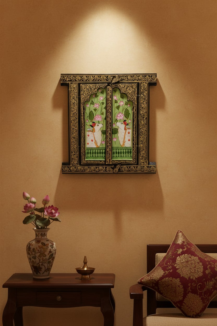Handcrafted Wooden Haveli Window with Indian Miniature Painting | Lotus & Cow Motif Wall Panel | Ethnic Indian Home Décor, green