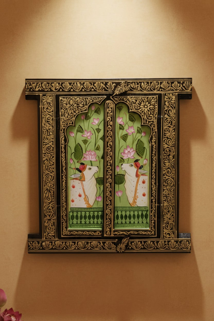 Handcrafted Wooden Haveli Window with Indian Miniature Painting | Lotus & Cow Motif Wall Panel | Ethnic Indian Home Décor, green