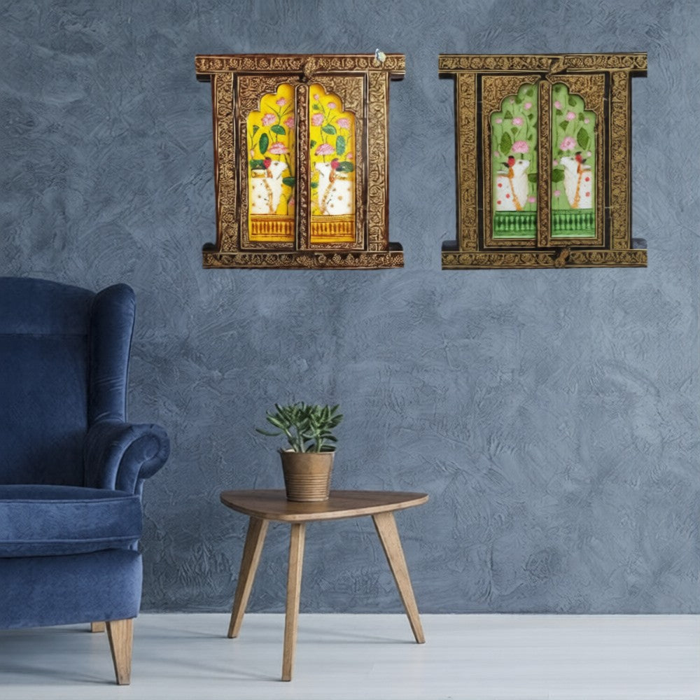 Handcrafted Wooden Haveli Window with Indian Miniature Painting | Lotus & Cow Motif Wall Panel | Ethnic Indian Home Décor, green