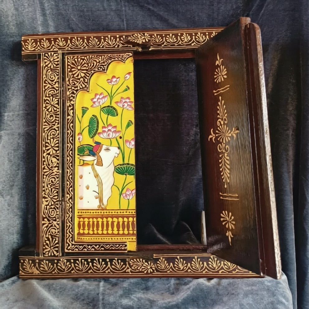 Handcrafted Wooden Haveli Window with Indian Miniature Painting | Lotus & Cow Motif Wall Panel | Ethnic Indian Home Décor, yellow