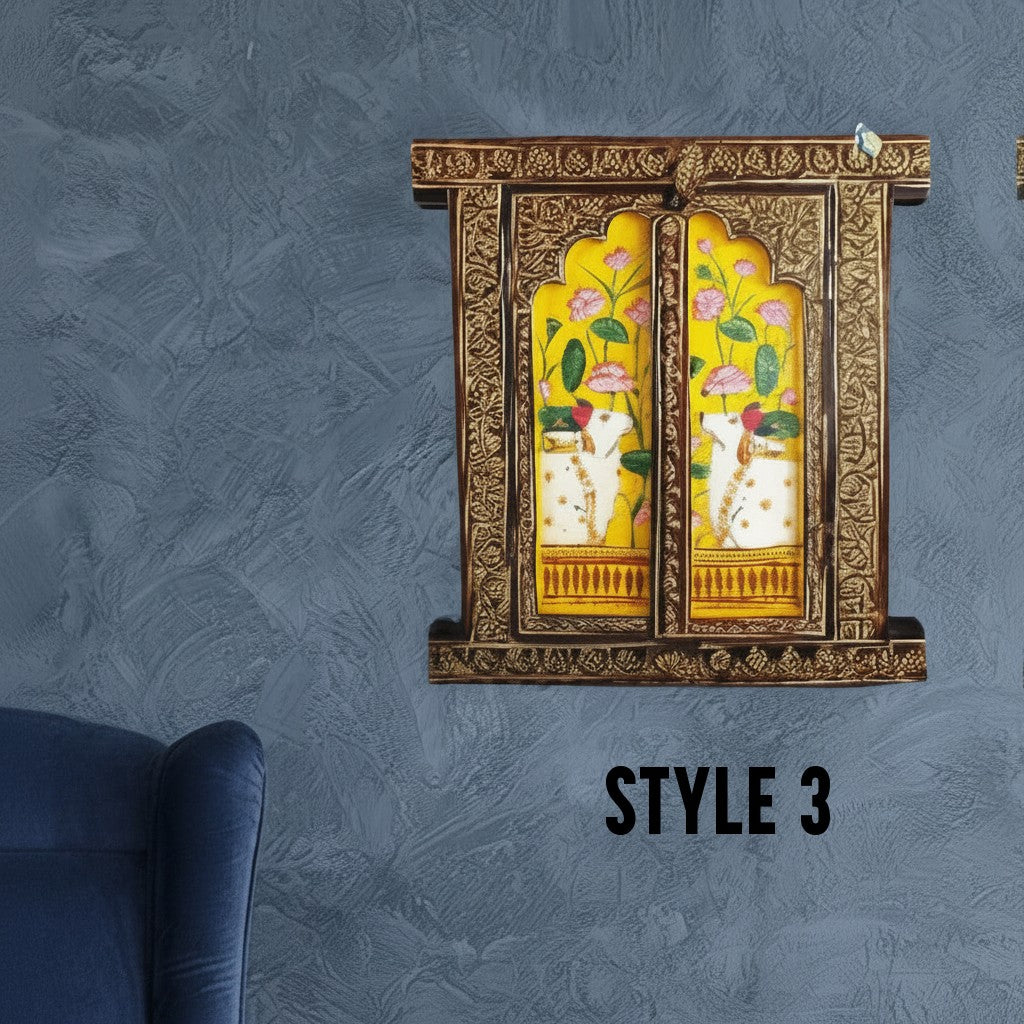 Handcrafted Wooden Haveli Window with Indian Miniature Painting | Lotus & Cow Motif Wall Panel | Ethnic Indian Home Décor, yellow