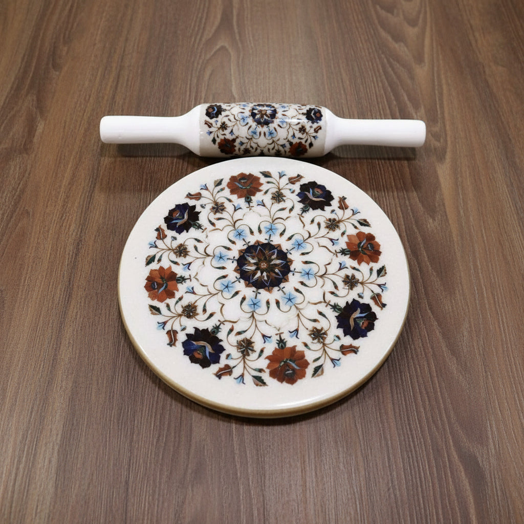 Marble Hand Carved Heavy chakla and a Wooden Polished belan/ ROLLING BOARD WITH ROLLING PIN