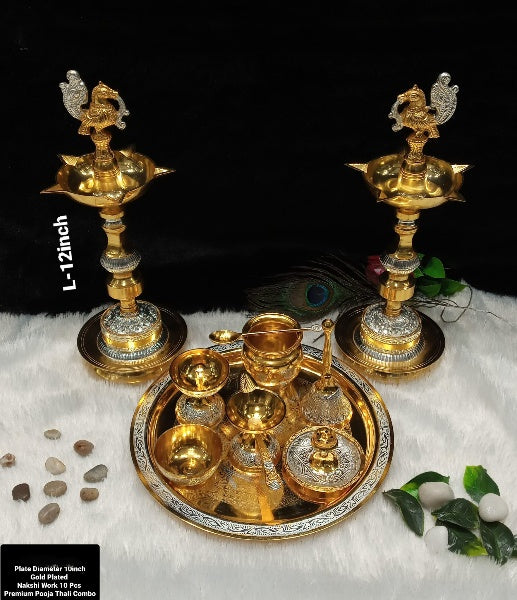 silver plated pooja thali set - 10 pieces set for diwali/ housewarming