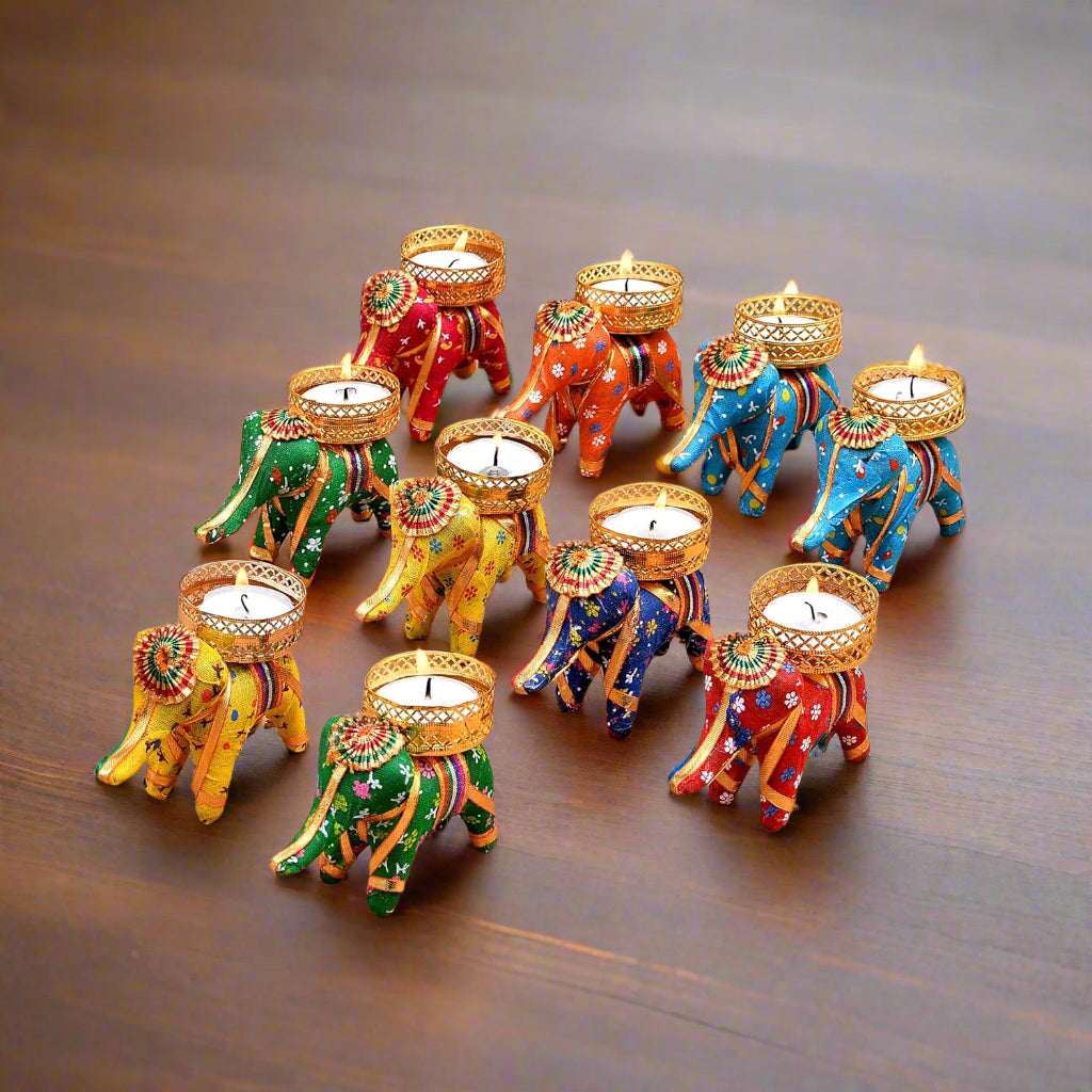 colorful  elephant tea light holder, set of 50 pieces for diwali décor with wax tea lights