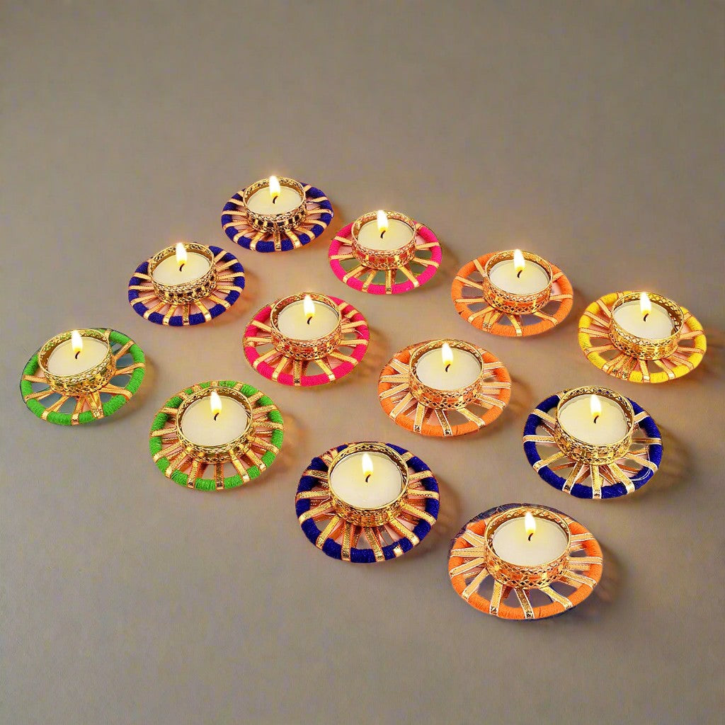 colorful  round tea light holder, set of 50 pieces for diwali décor with wax tea lights