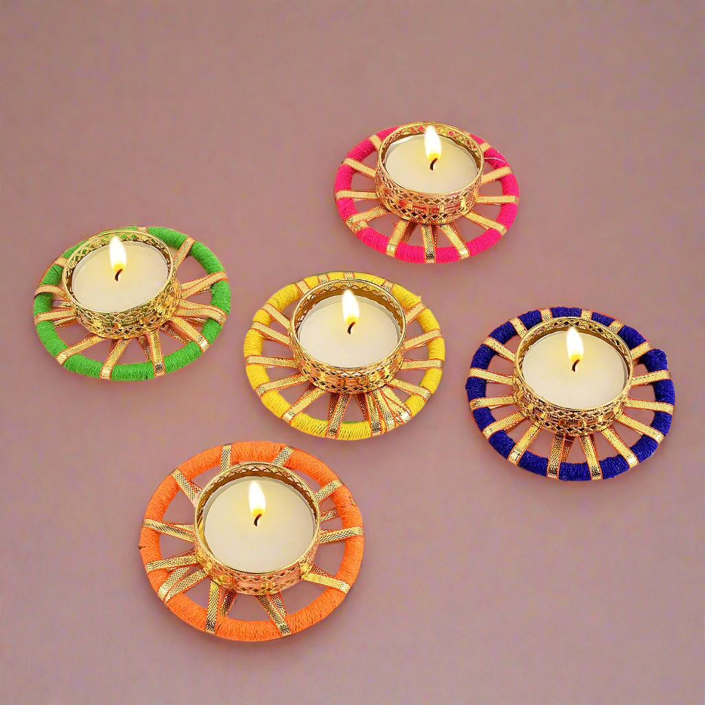 colorful  round tea light holder, set of 50 pieces for diwali décor with wax tea lights