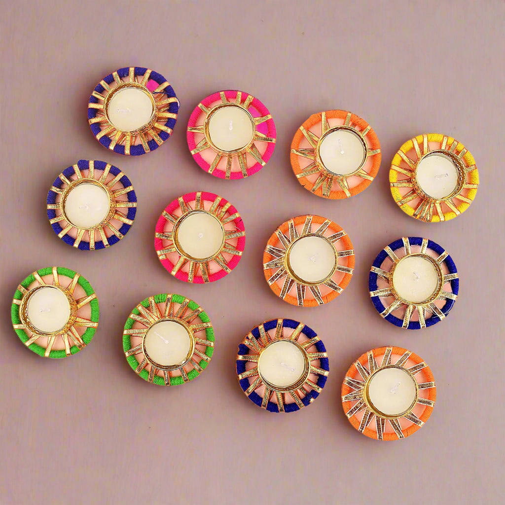 colorful  round tea light holder, set of 50 pieces for diwali décor with wax tea lights