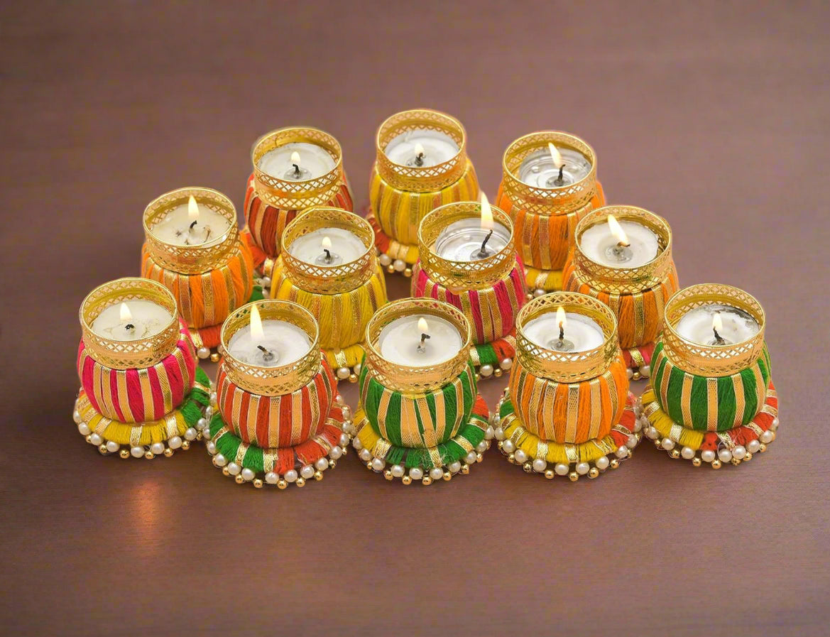 round colorful tea light holder, set of 50 pieces for diwali décor with wax tea lights
