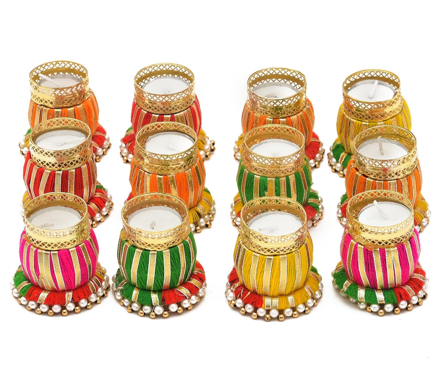 round colorful tea light holder, set of 50 pieces for diwali décor with wax tea lights