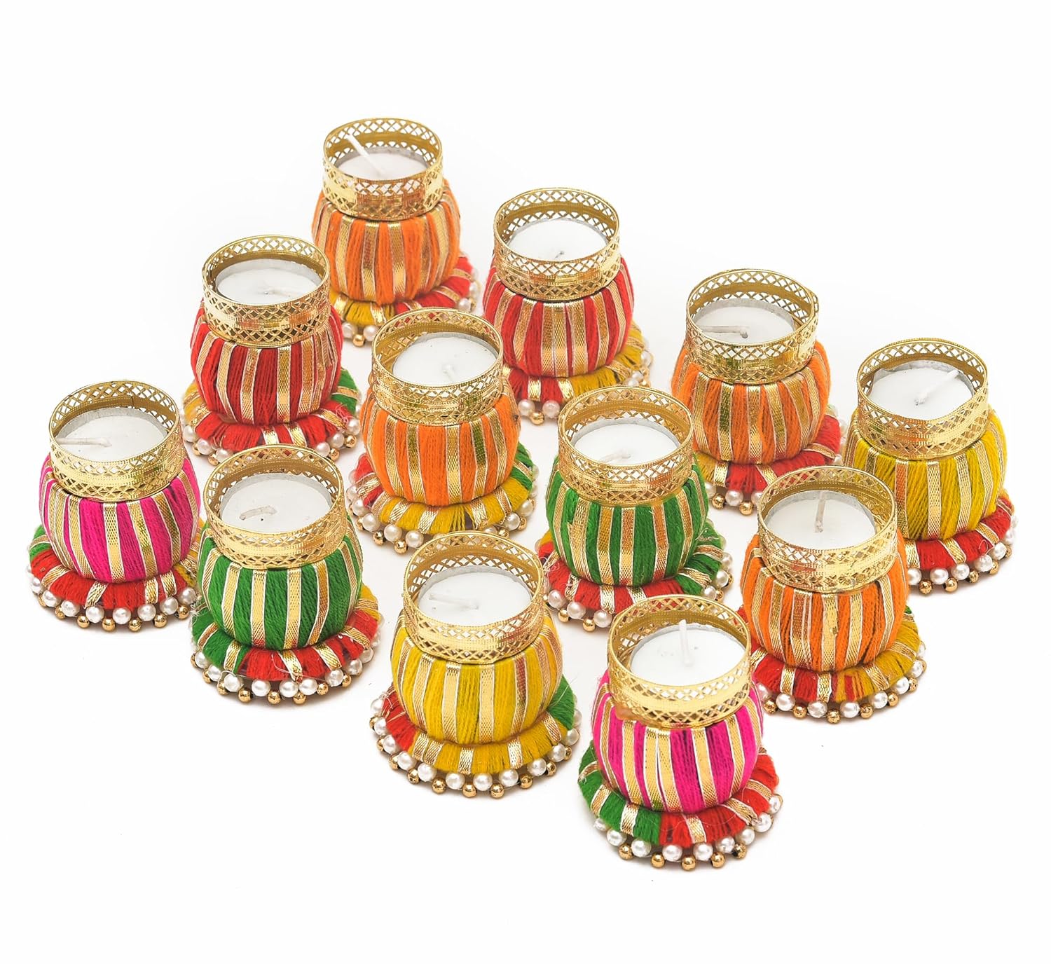 round colorful tea light holder, set of 50 pieces for diwali décor with wax tea lights