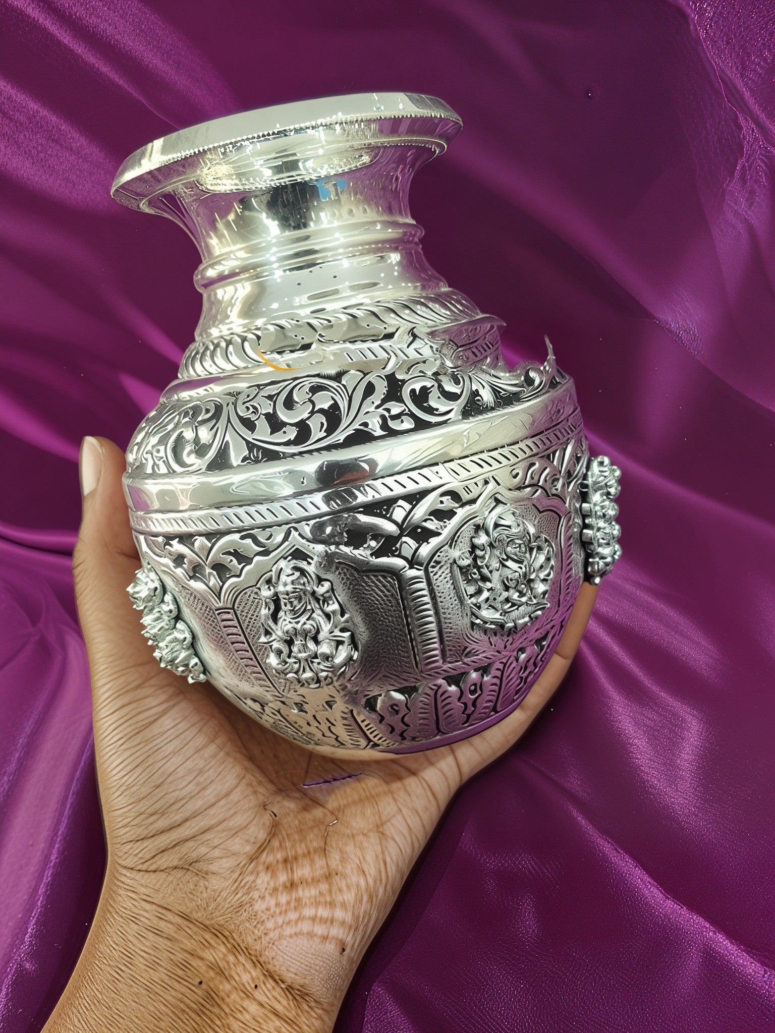 german silver antique finish astha lakshmi kalash for vara lakshmi pooja/ diwali