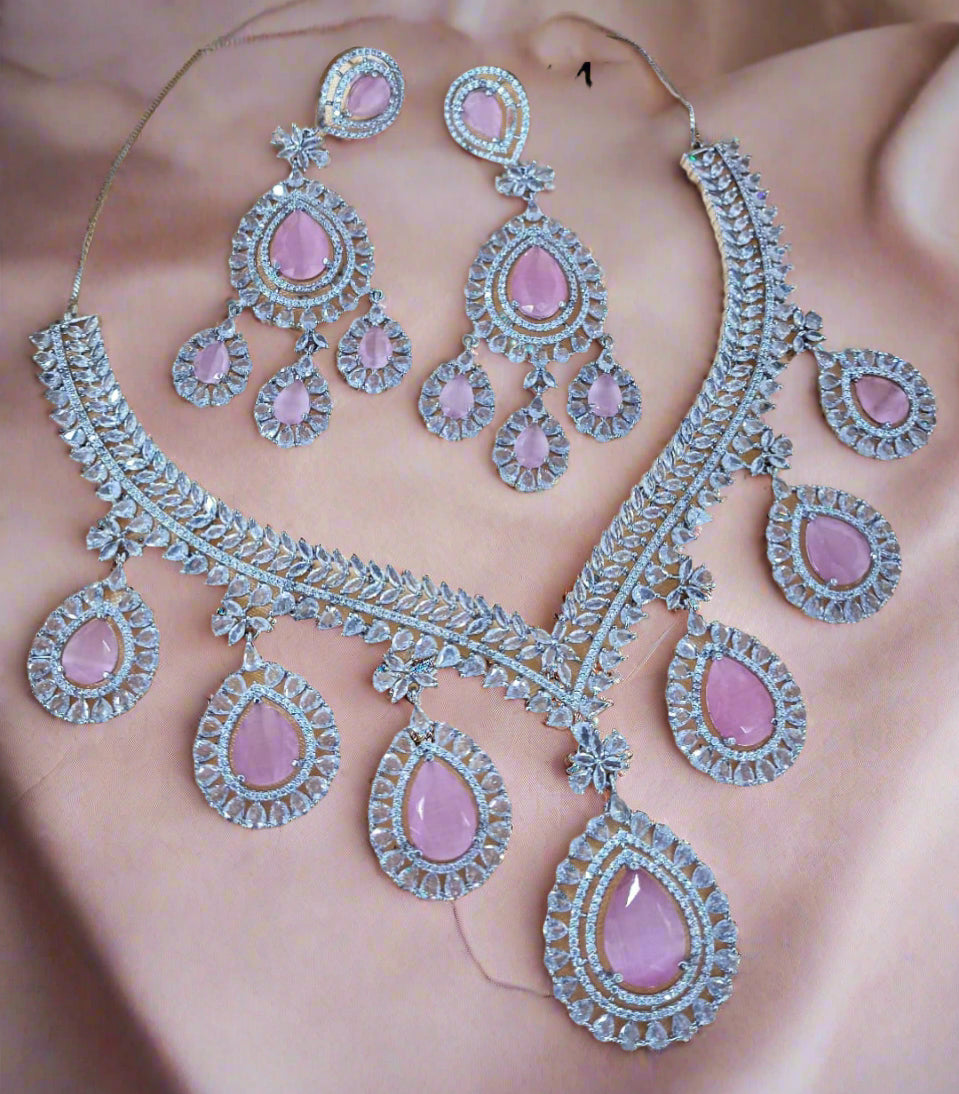 Artificial pink color Stone Necklace Set with Matching Earrings for Women