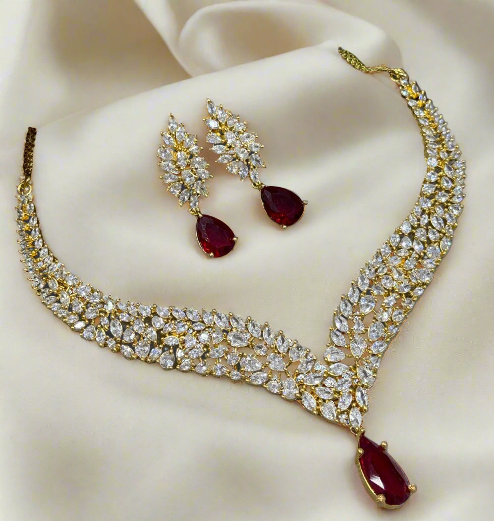 artificial red necklace with matching earrings for women on occasion of diwali/ anniversary/ wedding