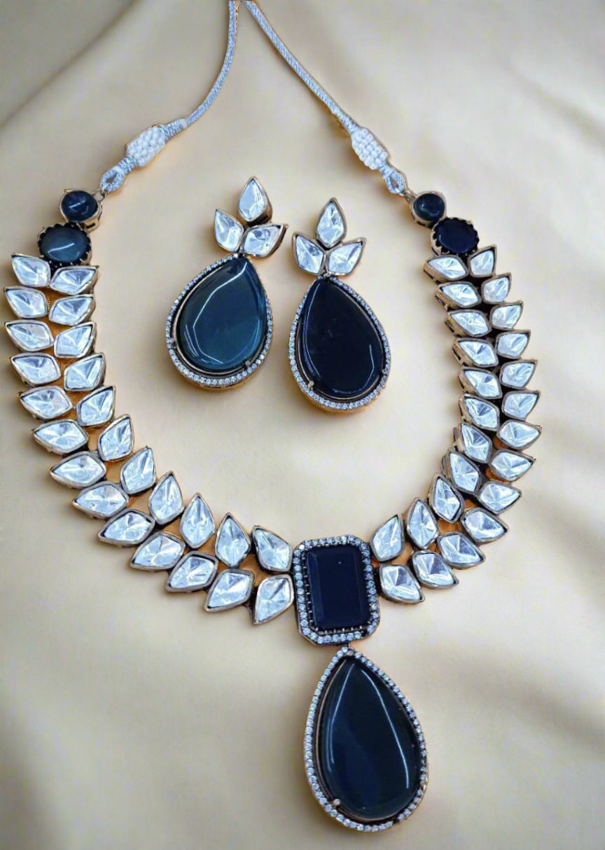 artificial blue stone necklace with matching earrings for women on occasion of diwali/ anniversary/ wedding