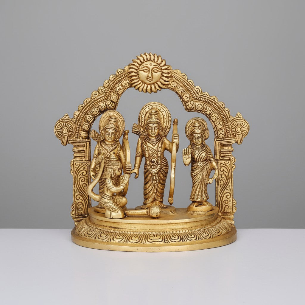 Brass ram Darbar Statue with Sun arc, Lord ram, Sita,Lakshman,Hanuman Idol for Temple/showpiece, Golden