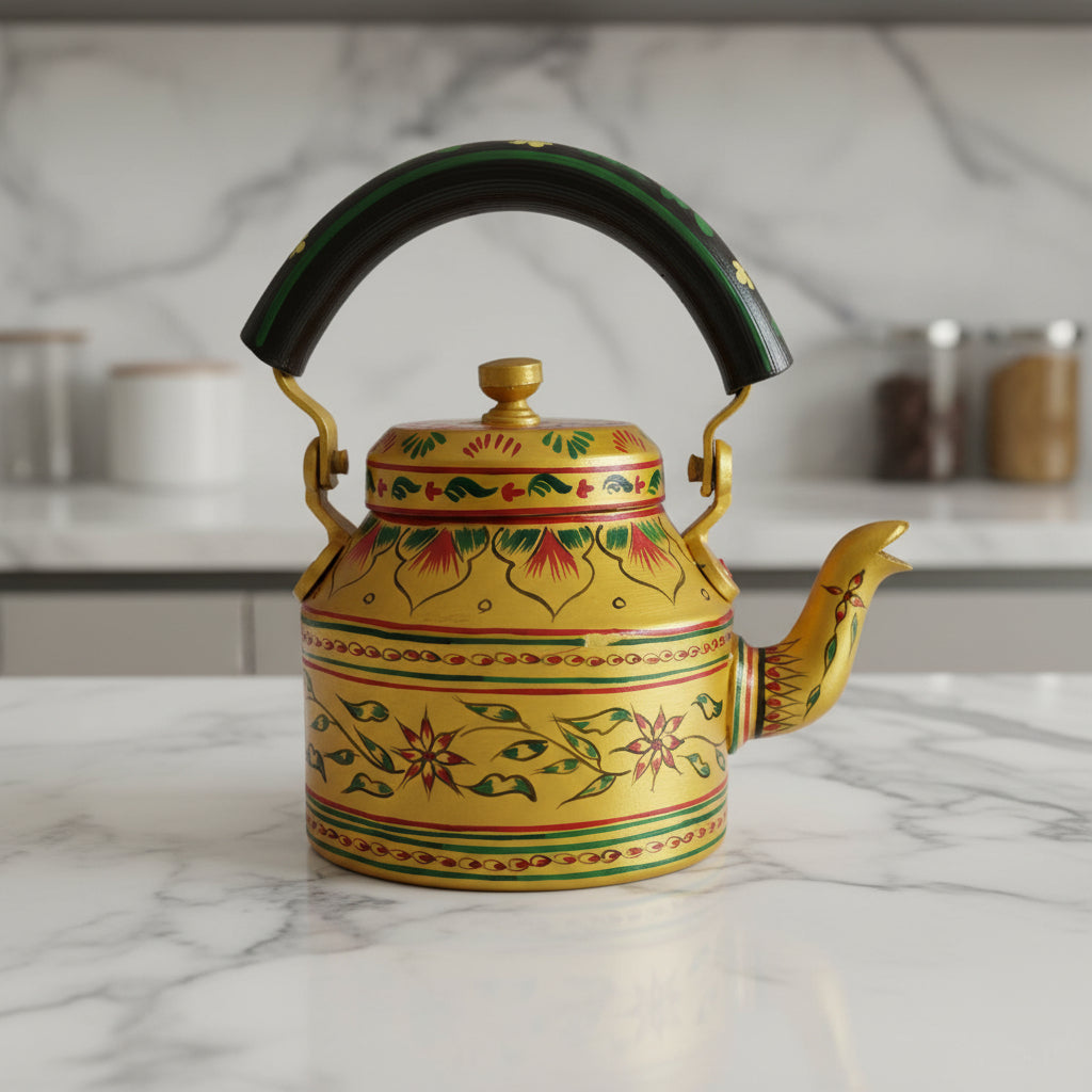 Colorful Handmade Kettle Décor | Bright Home Accent | Unique Kitchen Decoration, golden