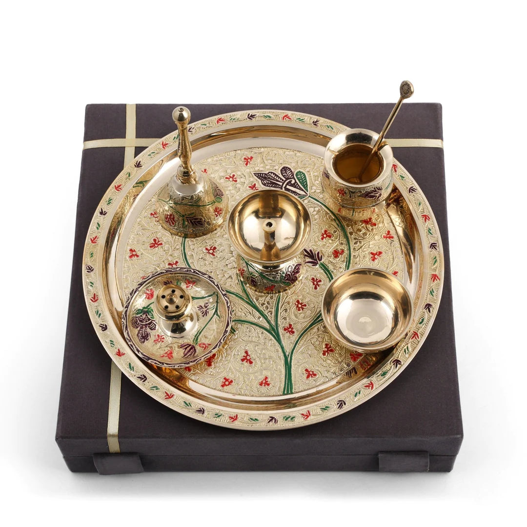 Brass Colorful Pooja thali Set- 7 Pieces