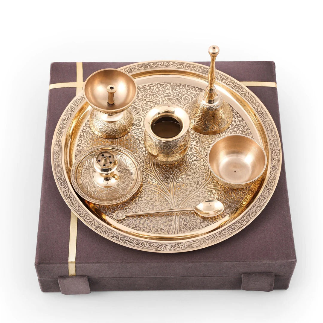 Brass Fully Carved Heavy 7 Pieces Pooja Set with Velvet Gift Box