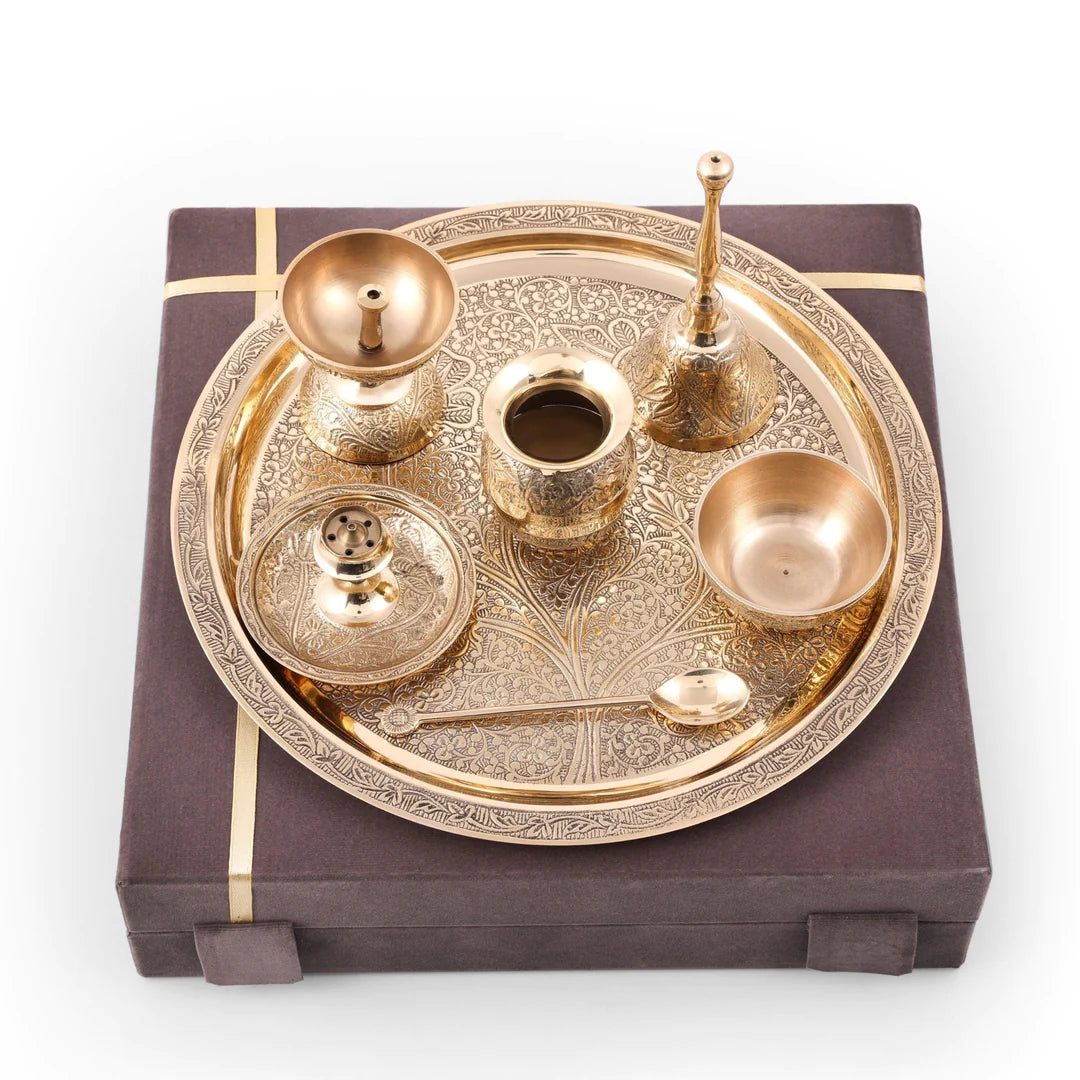 Brass Fully Carved Heavy 7 Pieces Pooja Set with Velvet Gift Box