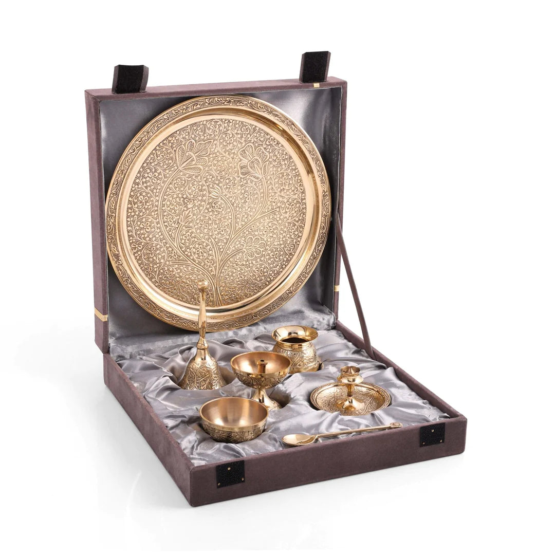 Brass Fully Carved Heavy 7 Pieces Pooja Set with Velvet Gift Box