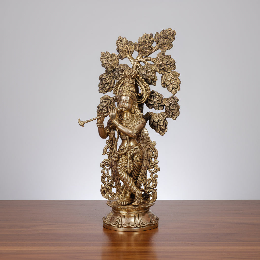 Brass Krishan Playing Flute Statue with kalpavriksha Tree Idol for Home Decor/Gift