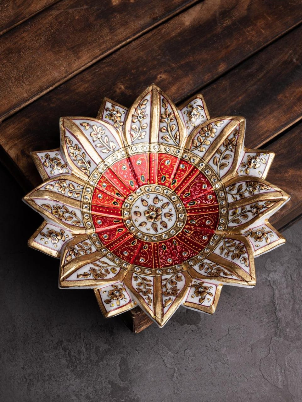 white marble hand painted lotus urli bowl for home décor/gift item