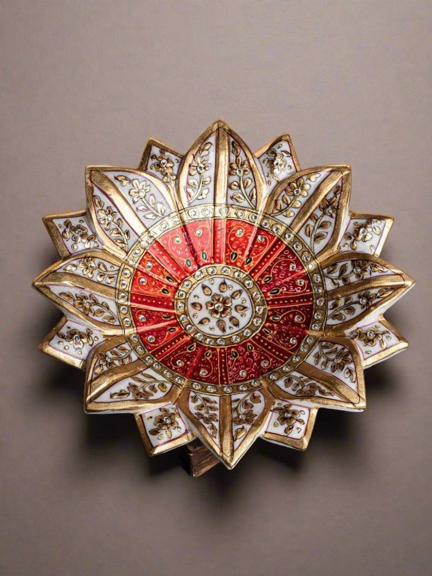 white marble hand painted lotus urli bowl for home décor/gift item