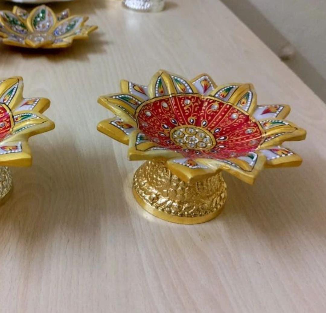white marble hand painted lotus urli bowl with golden metal stand for home décor/gift item