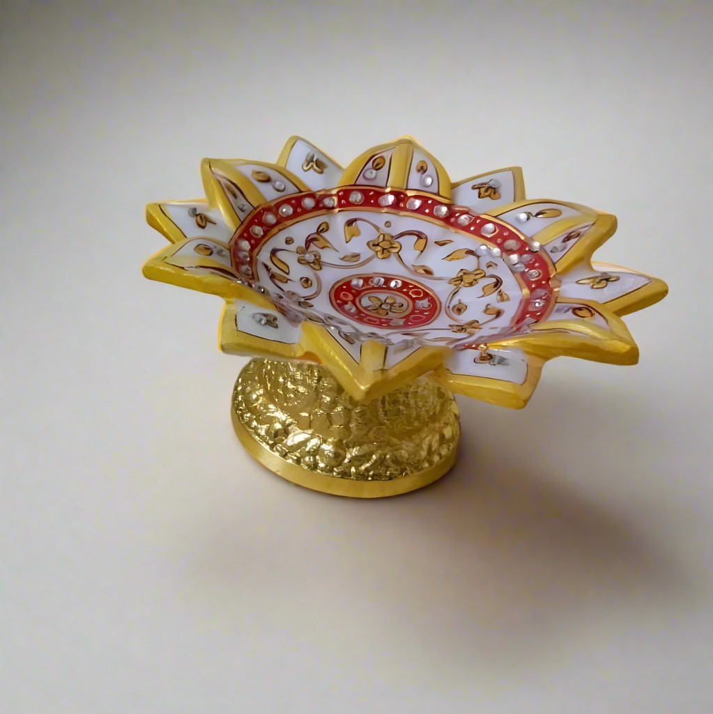 white marble hand painted lotus urli bowl with golden metal stand for home décor