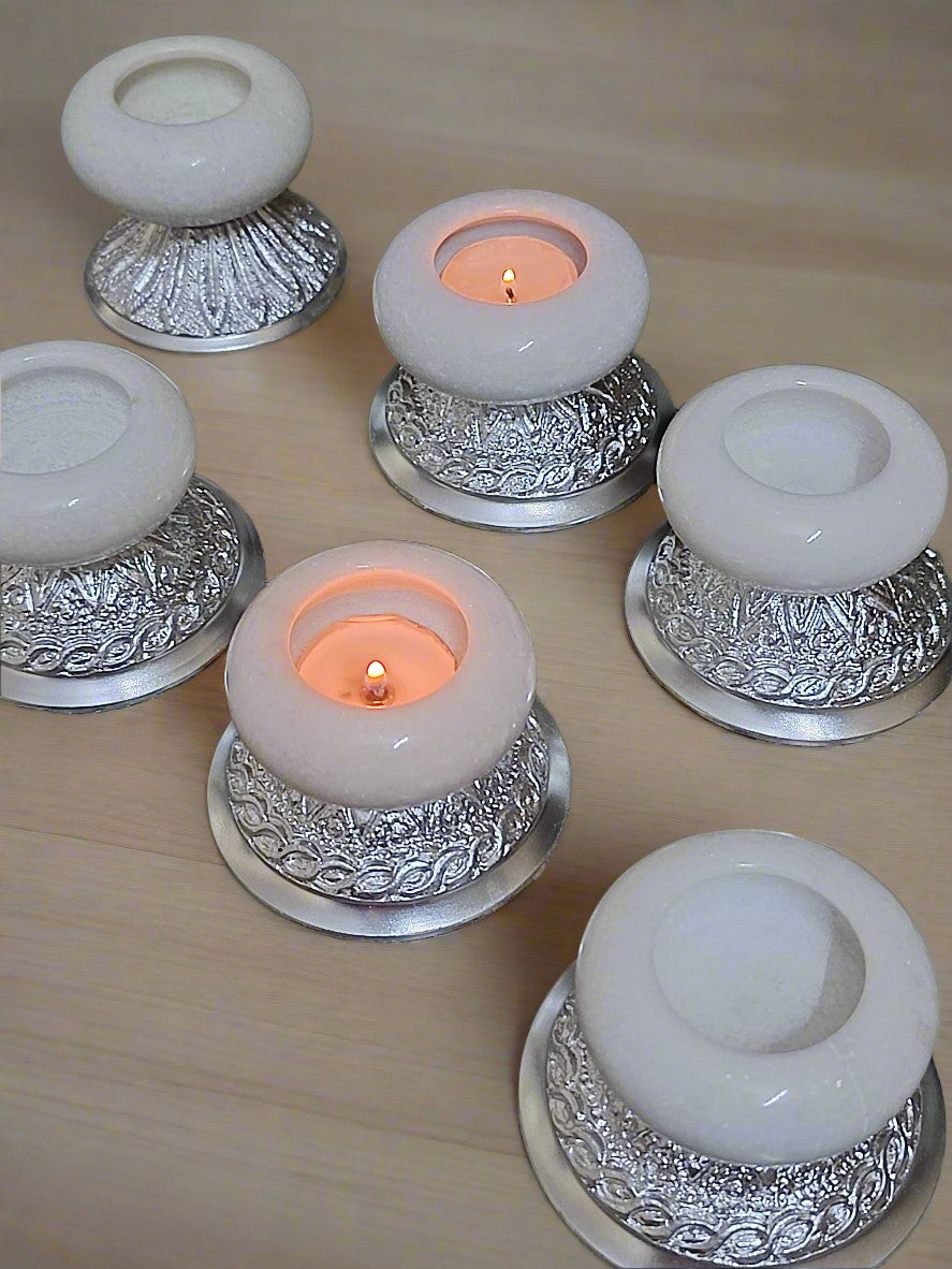 Set of 3 White Marble Tea Light Holder with Silver Metal Stand for Home Decor