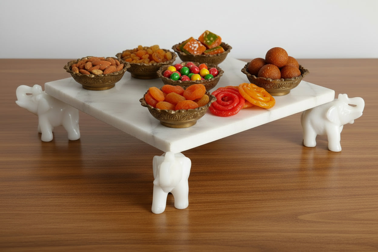 indiancraftsbykanika white marble fruit platter/snacks platter/stand/decorative piece/with elephant legs stand