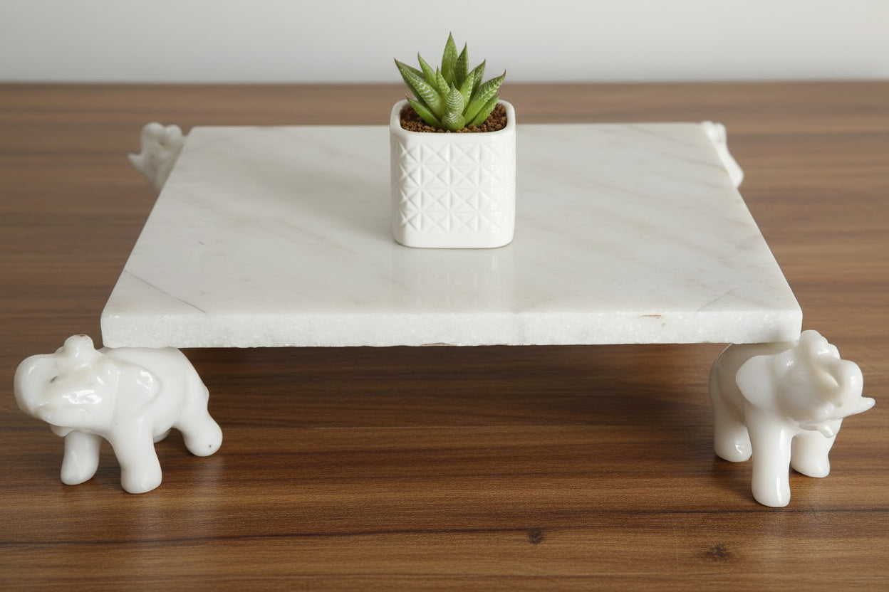 indiancraftsbykanika white marble fruit platter/snacks platter/stand/decorative piece/with elephant legs stand