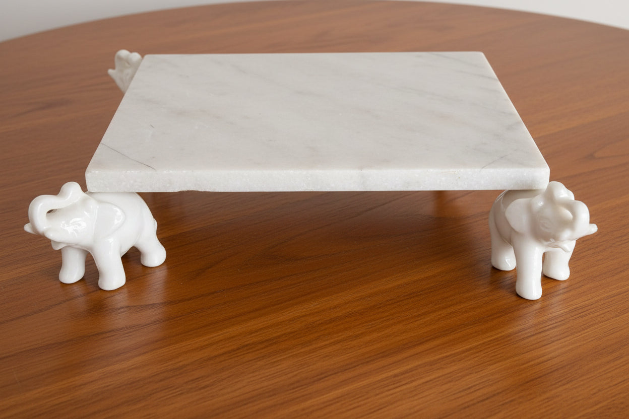 indiancraftsbykanika white marble fruit platter/snacks platter/stand/decorative piece/with elephant legs stand