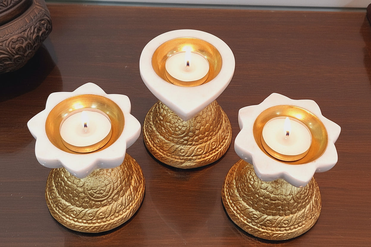 Set of 3 Marble Tea Light Holder with Golden Metal Stand for Home décor