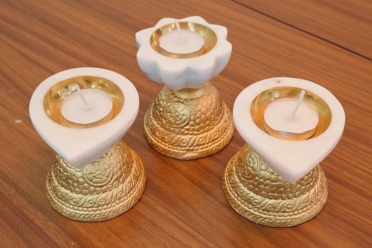 Set of 3 Marble Tea Light Holder with Golden Metal Stand for Home décor/Gift Item