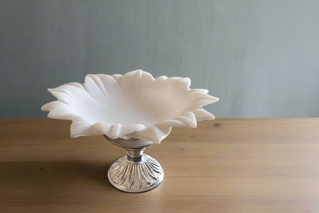 white lotus marble fruit bowl/snacks platter/home décor urli bowl with silver metal stand, 9"