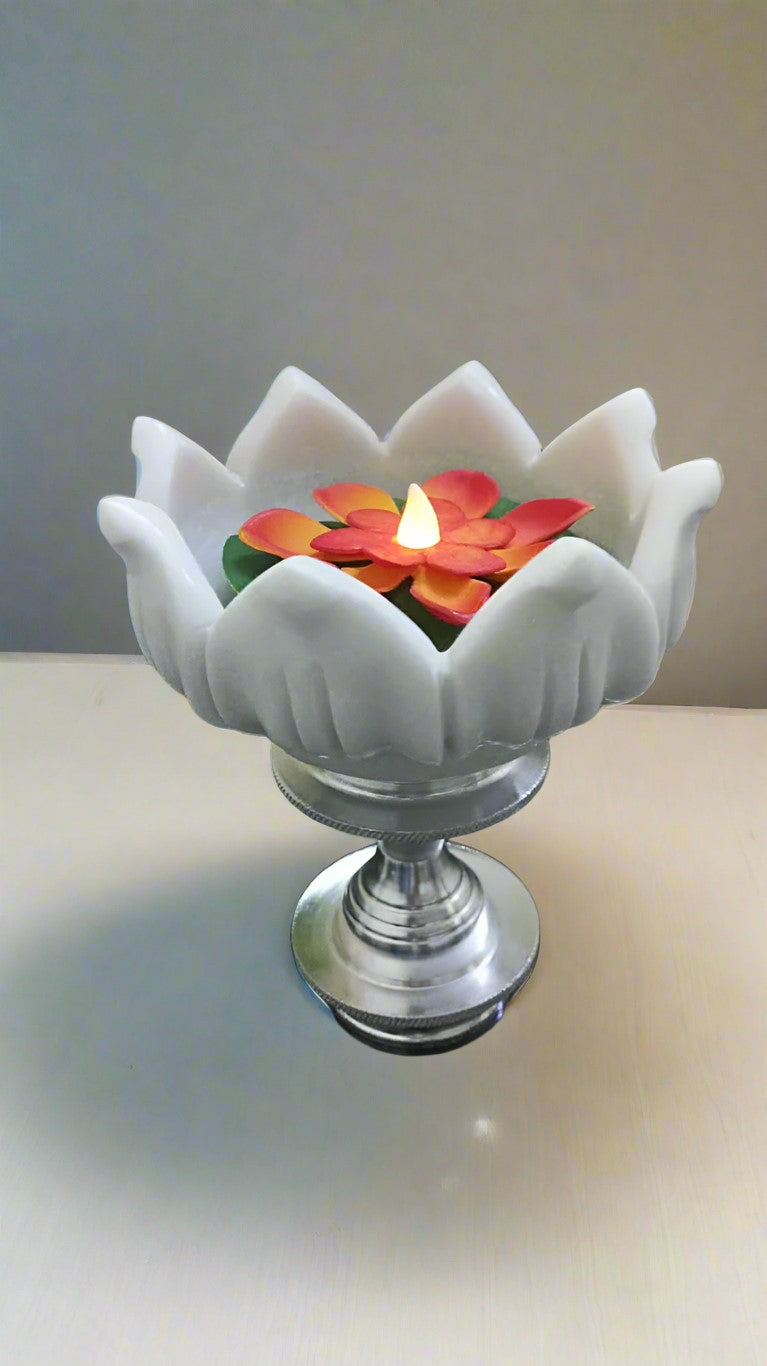 white lotus marble fruit bowl/snacks platter/home décor urli bowl with silver metal stand, 6"